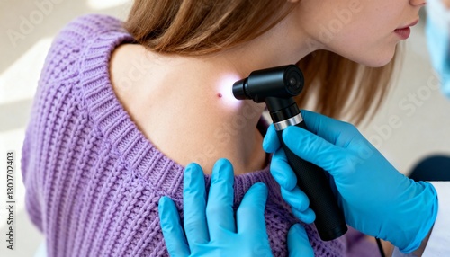Dermatologist examining a mole on a patients neck with a dermatoscope early detection and skin cancer prevention concept healthcare and medicine