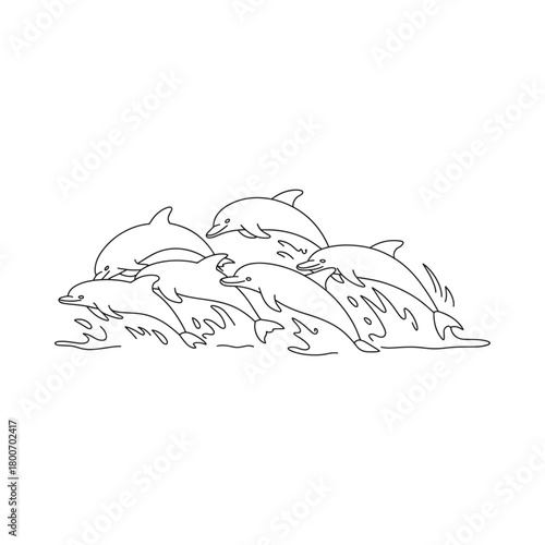 Sketch of a pod of leaping dolphins in black and white