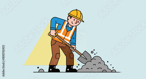 Cartoon construction worker mixing cement with shovel flat vector.
