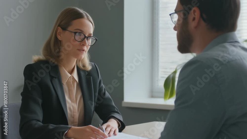 Professional woman in glasses discussing documents with a male colleague in an office setting.