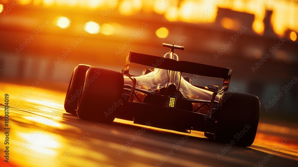 Obraz premium Formula 1 Race Car Speeding at Sunset