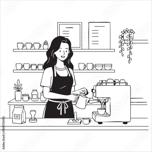 barista woman black and white illustration