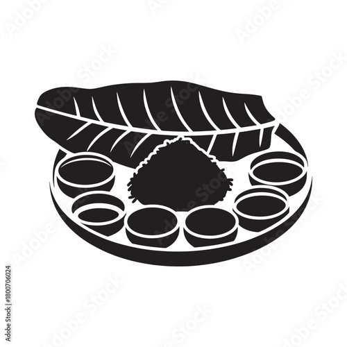 Stylized black and white illustration of a traditional indian meal
