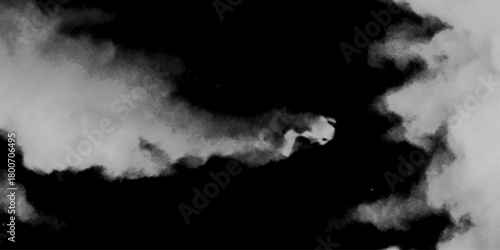 A digitally rendered, light grey, rocky formation, possibly a fossil or mineral specimen, is partially obscured by a cloud-like, textured Set with different clouds of white smoke on black background. 