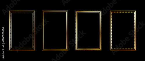 Gold thin rectangle frame set. Shining golden square borders in art deco style. Thin linear rectangular cadre collection. Vector yellow glowing shiny boarder shape pack for photo, poster, tarot card