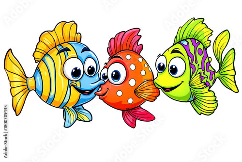 Joyful cartoon fish trio gliding coral reef water in vibrant art style