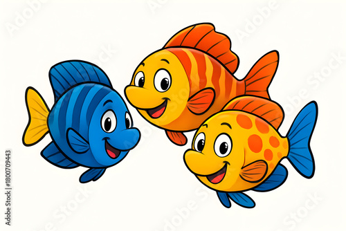 Fototapeta Naklejka Na Ścianę i Meble -  Happy cartoon fish trio exploring coral reef in vibrant ocean scene