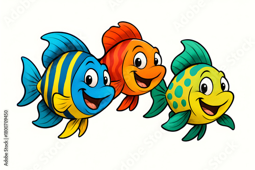 Cheerful cartoon fish trio swimming coral reef path vibrant style