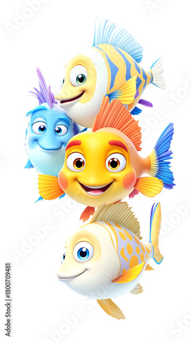 Tropical cartoon fish trio visiting coral reef in vibrant playful style