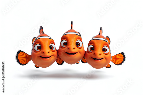 Cartoon fish trio swimming together in vibrant coral reef style