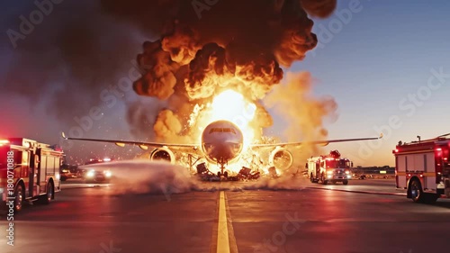 An aircraft engulfed in flames on a runway with fire trucks present; sparks and smoke fill the air