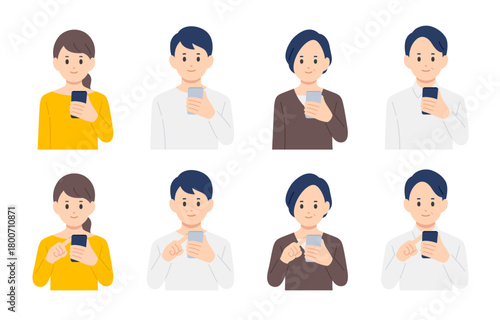 スマホを持つ･操作する若い･中年男女のセット【人物ベクターイラスト素材】