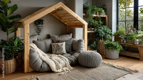 Interior with wooden house structure containing cushions pillows and plants.