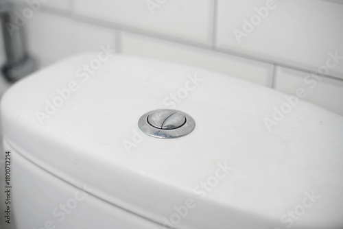 Close-up of a modern dual-flush toilet button on a white ceramic cistern, emphasizing water conservation and contemporary bathroom design.