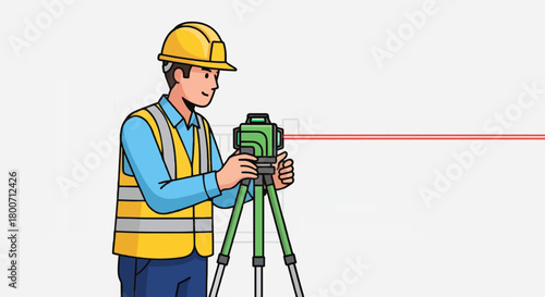 Cartoon construction worker using laser level tool flat vector.