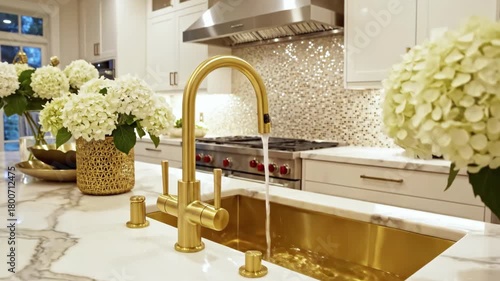 Luxurious kitchen island featuring gold fixtures, marble countertop, & white flowers. Water flows