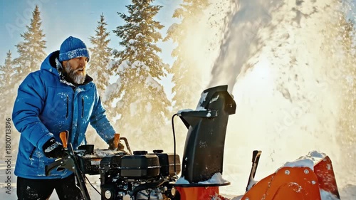 A person in blue uses a snow blower, ejecting snow in winter with trees in background
