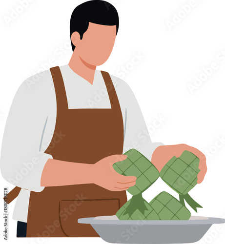 Man Preparing Traditional Steamed Rice Dumplings in Kitchen