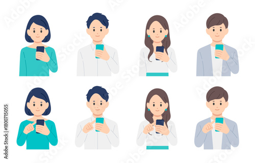 スマホを持つ･操作する若い男女のセット【人物ベクターイラスト素材】