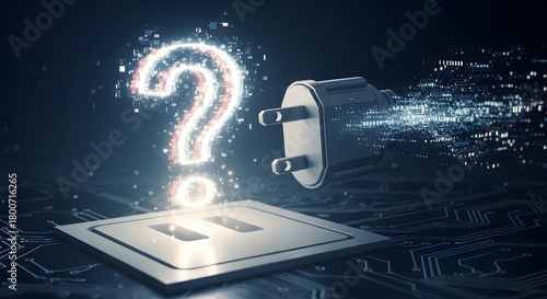 A futuristic digital illustration of a power outlet with a glowing question mark and digital particles representing technology and inquiry