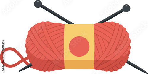 Ball of Red Yarn with Knitting Needles and Yellow Label on White Background