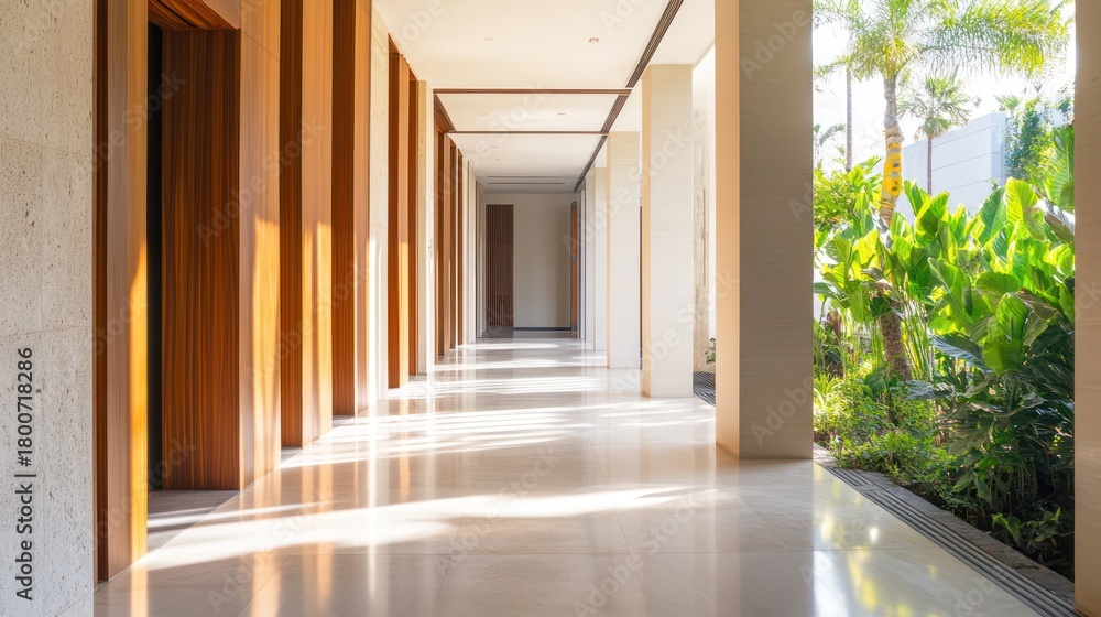 Fototapeta premium sunlit passageway showcases architectural harmony with wooden accents and natural elements blending indoor sophistication with the outdoors