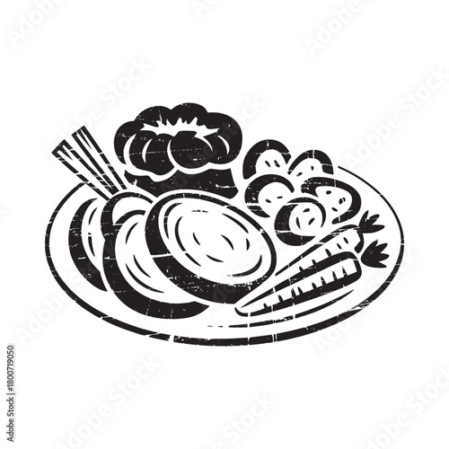 Black and white illustration of a plate of fresh vegetables