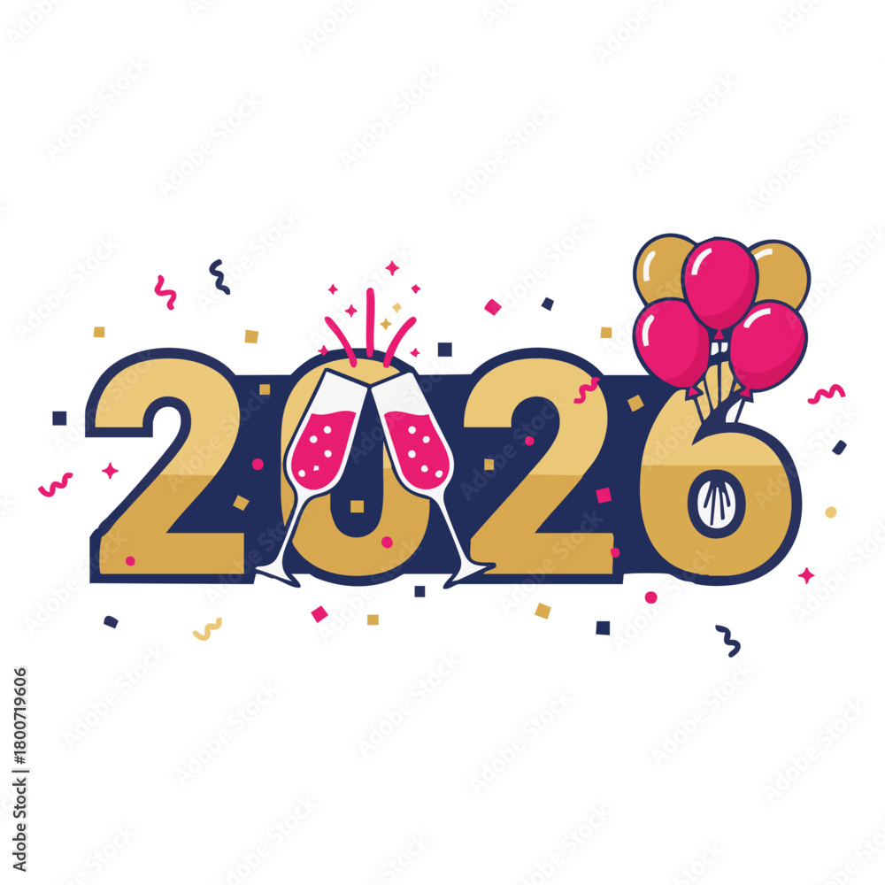 Obraz premium 2026 Celebration Typography Flat vector of large “2026” numerals in modern geometric style with champagne glasses, balloons, and sparkles integrated into the numbers, vibrant contrast of dark blue, 