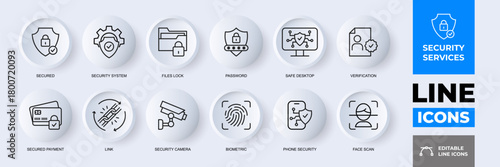 Cyber Security Line Icons: A comprehensive set of modern line icons represents security services, encompassing various aspects of data protection. perfect for digital designs, presentations.