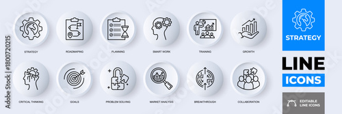 Business Strategy Icon Set: A comprehensive collection of line icons, symbolizing various elements of business strategy. The icons represent essential concepts. 