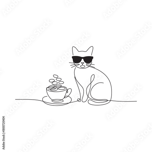Cool cat wearing sunglasses next to a coffee cup