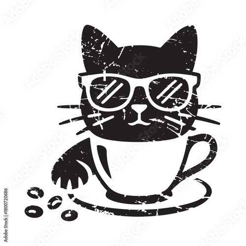 Cool black cat wearing sunglasses with coffee cup and beans