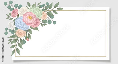 Beautiful botanical card with a corner bouquet of pink roses, blue hydrangeas, and eucalyptus leaves. Vector illustration background
