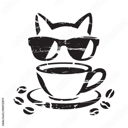 Cool cat wearing sunglasses enjoys coffee with beans