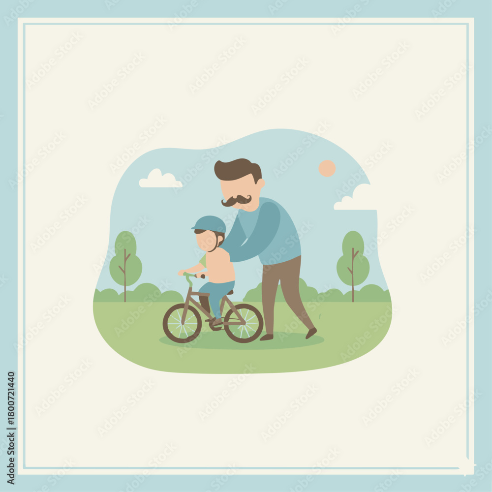 Naklejka premium Father Teaching Child to Ride a BikeFlat-vector scene of a dad guiding a child on a bicycle in a sunny park