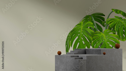 Fototapeta Naklejka Na Ścianę i Meble -  in landscape sphere backdrop, 3d rendering blank mockup wood texture stairs block shape