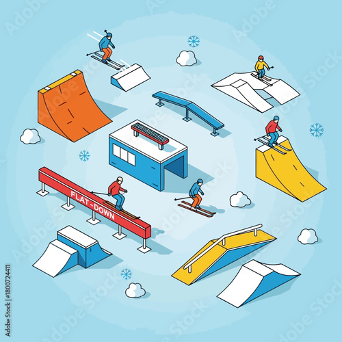 Isometric Snow Park with Skiers and Snowboarders.