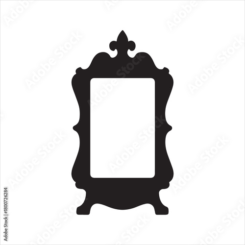 Elegant Black Silhouette of an Ornate Picture Frame with Decorative Elements Against a White Backdrop Ideal for Design Mockups