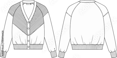 “Women’s cardigan fashion sketch, V-neck button sweater illustration, technical flat drawing, clothing design template, knitwear outline, garment vector art”