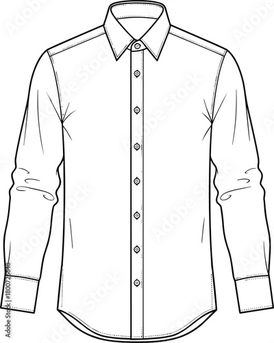 Classic long sleeve men’s dress shirt fashion flat sketch, front view technical drawing, white formal shirt vector illustration, 
