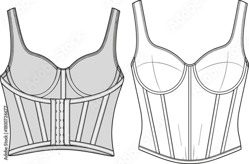 Corset bustier top fashion flat sketch, structured lingerie design with boning, technical garment illustration, detailed apparel template for sewing and designers