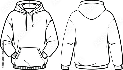 Classic unisex hoodie fashion flat sketch, front and back view, drawstring hood, kangaroo pocket, cozy casual sweatshirt vector apparel illustration