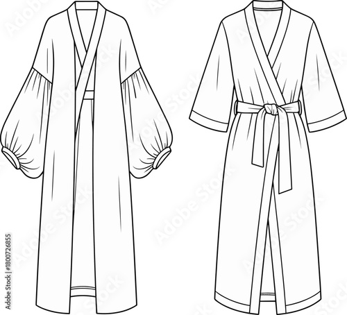 Elegant kimono and robe fashion illustration featuring voluminous sleeves, wrap design, garment flat sketch details, modern apparel template, sewing pattern reference