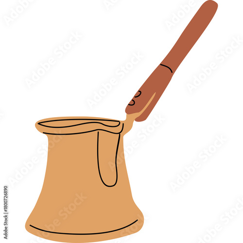 Brown Copper Coffee Pot With Wooden Handle Isolated on White Background Kitchenware for Brewing Coffee or Tea Beverage Preparation