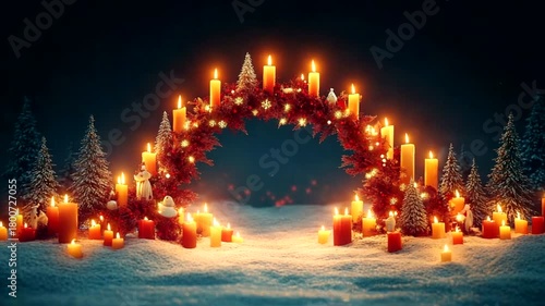 Festive candle arch amidst snowy pine trees