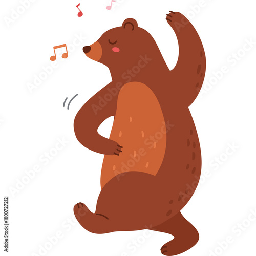 Brown Bear Dancing Happily With Musical Notes Floating Around its Head in a White Background