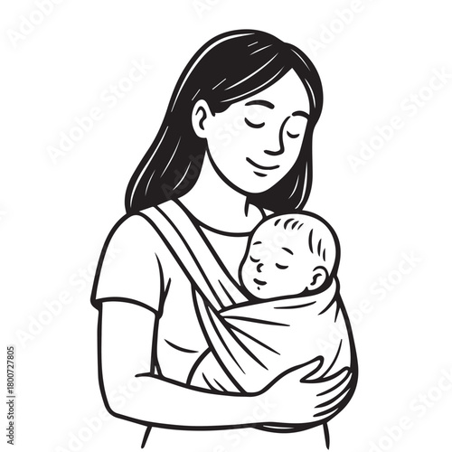 A simple black and white vector depiction of a peaceful mother holding her baby against her chest, emphasizing comfort and emotional closeness with refined, gentle minimalist strokes.