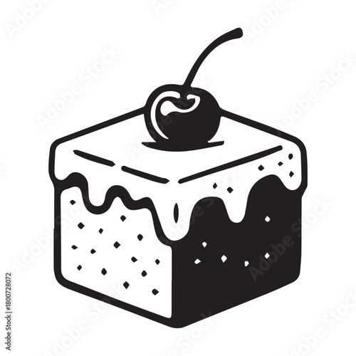 A minimalist black and white vector illustration showing a square piece of cake with a cherry on top, designed with crisp outlines to create a charming and delicious dessert visual.