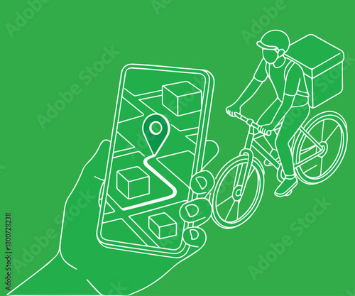 A clean vector scene showing modern delivery technology, featuring a cyclist courier guided by smartphone orders and real time tracking icons that highlight fast, accurate, and eco friendly service.