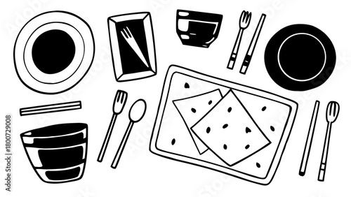 Hand drawn doodles of lunch utensils plates bowls and chopsticks vector art